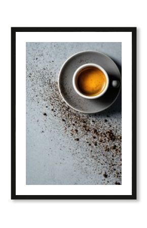 Una taza de café espresso sobre un fondo gris con posos esparcidos.