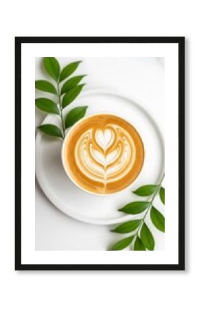 Photo of a cup of latte with heartshaped art, garnished with green leaves, isolated on white background