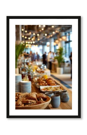 Food spread with various options. Plates, bread, orange juice, cups and more. Restaurant, hotel, or cafe setting with people.