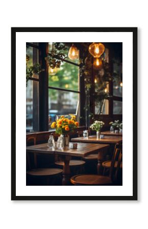 Rustic café corner with marigold flowers in a vase, wooden chairs, and sunlight streaming through large windows.