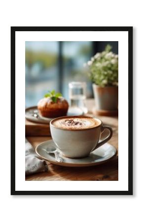 Close-up of a coffee cup on a café table with muffin and glass of water in the background.