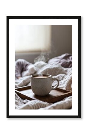 Momento de tranquilidad con taza de café en la cama en una mañana acogedora