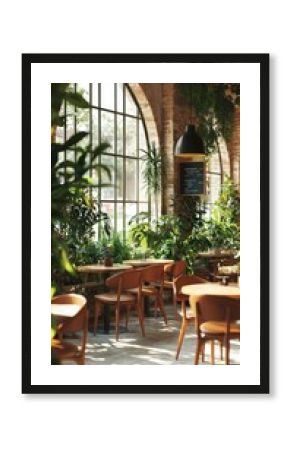 Charming cafe interior featuring wooden chairs and lush greenery, creating a relaxing atmosphere for coffee enthusiasts.