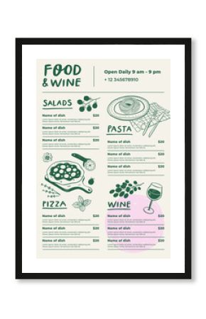Restaurant cafe menu design template. Food and wine flyer.