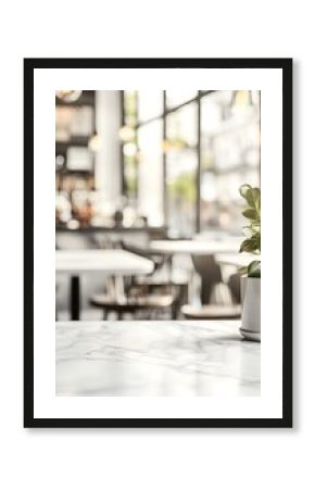 1. **Elegant Cafe Setting:** Create a scene featuring an empty white marble stone table top in a stylish cafe interior, with soft lighting and modern decor. The blurred background offers a