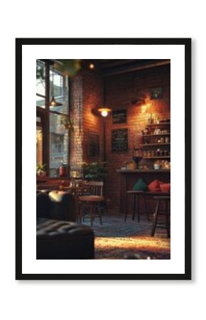 A cozy cafe interior showcasing warm lighting, brick walls, and stylish furniture, perfect for relaxation or social gatherings.