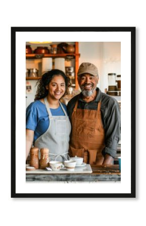 Two cafe owners standing together behind the counter, smiling. Small business and hospitality concept