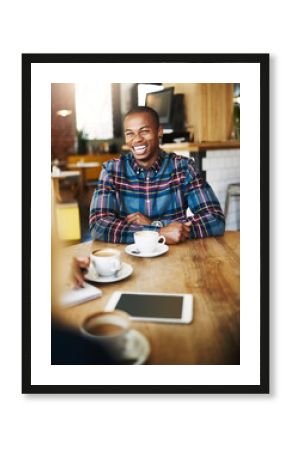 Black man, coffee shop and laugh for funny, conversation and drink on breakfast break in morning. Male person, restaurant and talk with friend, smile and comfort for weekend, relax and peace in cafe