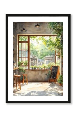 watercolor illustration, coffee shop with plants, sunlight, nature style, anime style