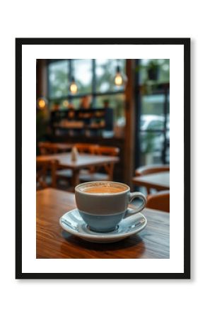 Coffee cup on wooden table in a cozy coffee shop, stock photo, mocha, espresso, comfy