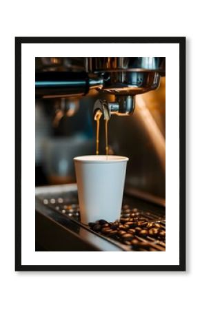 a white paper coffe cup mock up is being filled with coffee from an espresso machine