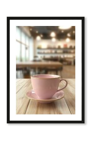 Pink coffee cup and saucer on wooden table in cozy cafe interior with blurred background