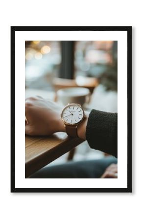 A close-up of a person's wrist wearing a gold and white wristwatch. The watch is resting on a wooden table in a cafe setting.