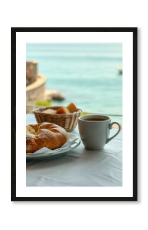 Morning breakfast by the seaside with pastries and coffee at a coastal cafe