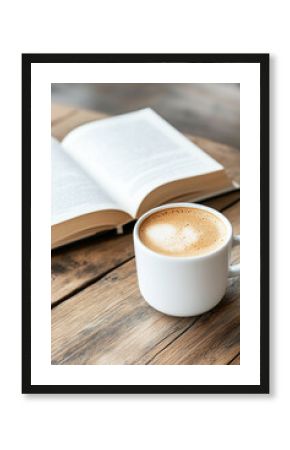 coffee mug and open book on wooden table with copy space
