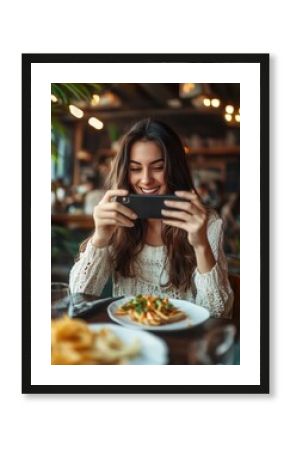 Female blogger influencer hold phone take food mobile photo on phone sit at cafe table. Girl vlogger shoot social media instagram post on smartphone get many likes emoji over shoulder closeup view.
