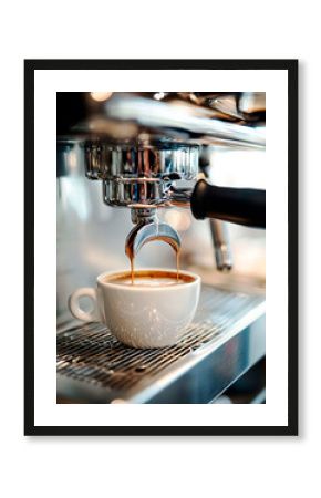 Close-up of coffee machine preparing a fresh cup of cappuccino in coffee shop. Design for cafeteria