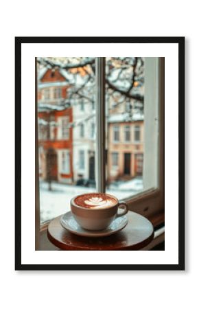 Cup of coffee on wooden table near window in cozy cafe with view on snowy city street at winter day. Beautiful place for breakfast in old town