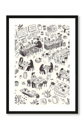 Busy Coffee Shop Sketch People enjoying coffee, cafe interior, menu boards, busy atmosphere, perfect for cafe marketing.