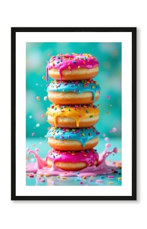 Stack of colorful glazed donuts with sprinkles and glaze splashes on pastel color background, food photography for advertisement