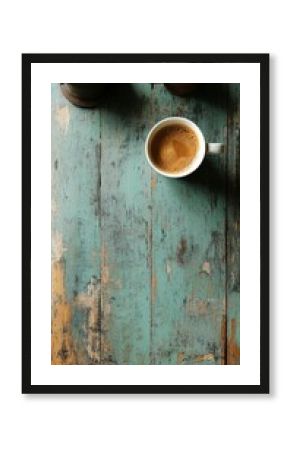 Coffee cup with brown liquid and coffee beans on wooden surface at cozy cafe