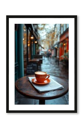 Warm cup of coffee on a rainy day in a cozy street cafe with autumn colors