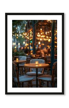 Empty table in open-air bar with striped chairs