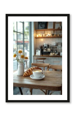 croissant and cup of coffee on a table in a cafe against the background of a light interior of a coffee shop