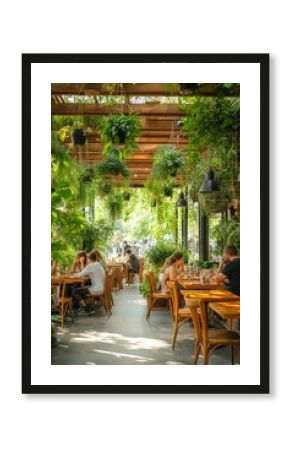 Cozy outdoor cafe under biophilic canopy with hanging plants and natural wood furniture