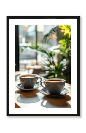 Two ceramic coffee cups casting long shadows on wooden table by window, tropical plants creating natural ambiance in cafe interior, morning sunlight streaming through glass.
