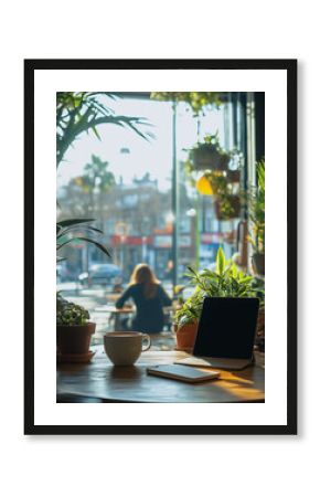 a laptop, a coffee cup, and a tablet on a table in a cafe. The cafe is surrounded by lush green plants and has a bright and inviting atmosphere. The window behind offers a view of the bustling street.