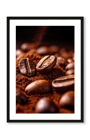 Close-up of aromatic coffee beans and ground coffee. The rich, dark brown color and texture 