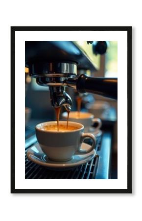 Close-up of espresso machine spout, coffee flowing, liquid, aromatic