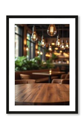 A stylish modern café interior featuring warm lighting, wooden tables, and a cozy atmosphere. Large windows allow natural light to enhance the inviting and rustic ambiance of the space  