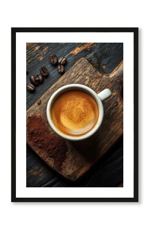 Aerial view of a freshly brewed coffee cup on a rustic wooden board with coffee beans