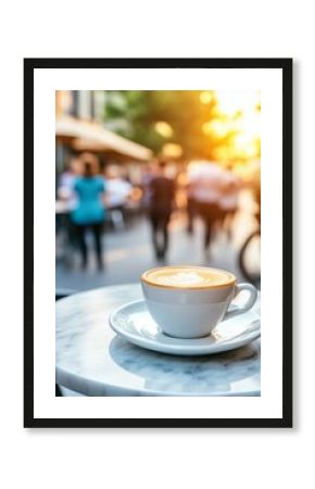 An espresso rests on a marble table while people move past in the evening light, creating a lively atmosphere