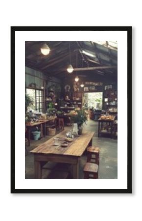 Rustic cafe interior with wooden tables, hanging lights, and a corrugated metal roof.  Plants and shelves add to the charm.