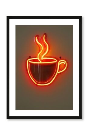 A glowing neon sign of a coffee cup with steam rising against a plain background.