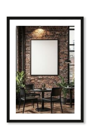 Blank poster mockup in a trendy cafe interior.