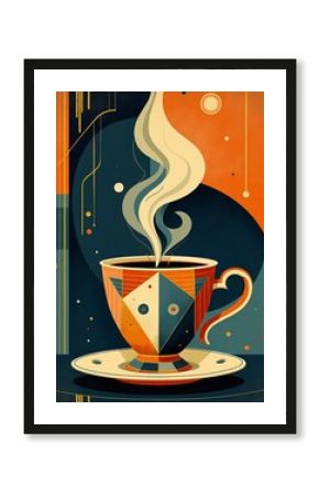 Art Deco Coffee Cup with Steam on Abstract Background Digital Art