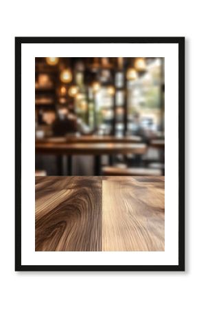 Creative blurry background with wooden desk and blurred cafe or restaurant interior. Mock up