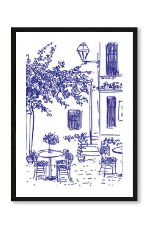 Hand drawn doodle style illustration. European summer vacation destination. Pretty cafe restaurant