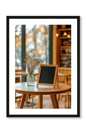 Cafe table setting with chalkboard for menu or special promotion display