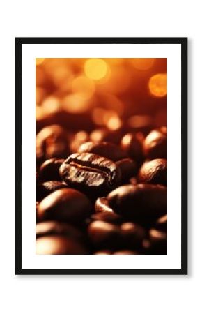 A rustic wooden table showcases a generous spread of rich, dark coffee beans, their glossy surfaces glistening in soft light, while a softly blurred café scene fades into the background.