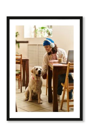 Joyful moments in a sleek cafe with a labrador companion