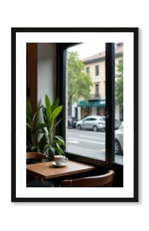Minimalistic coffee shop window with a view of the street, urban, cafe, coffee
