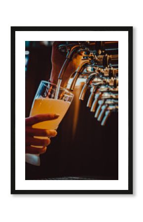 bartender hand at beer tap pouring a draught beer in glass serving in a restaurant or pub