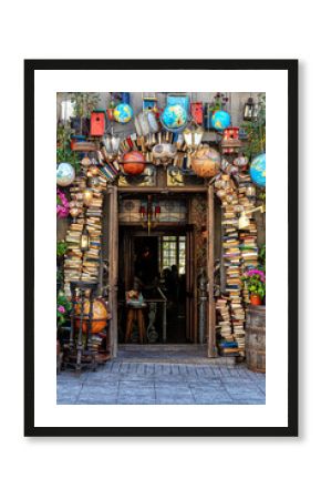 Entrance to the pub is decorated with books and various vintage things