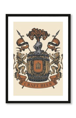 Hand-drawn banner for craft beer in form of vintage coat of arms. Vector emblem for brewery with a wooden barrel, lions, flags, spears, knightly helmet and old building on a shield on a light backdrop