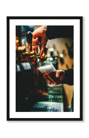 bartender hand at beer tap pouring a draught beer in glass serving in a bar or pub